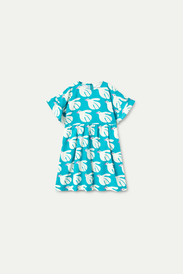 OUTLET - Vestido corto de niña en rayón LENZING™ ECOVERO™ estampado Dove - 41418